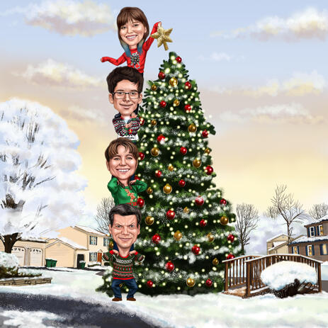 Decorating Christmas Tree: Group Caricature from Photos - example