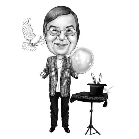 Magician Caricature Portrait from Photos in Full Body Black and White Style - example