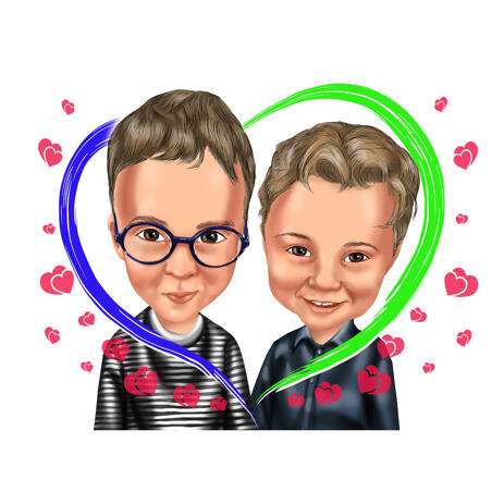 Kids in Heart Colored Caricature from Photos for Gift - example
