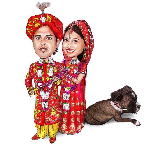 Custom Indian Couple with Pet Full Body Caricature from Photos in Color Style - example