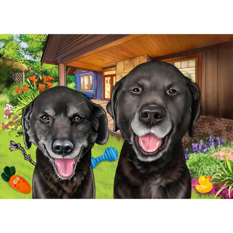 Custom Dogs Cartoon Portrait in Colored Style with Yard of Toys Background - example