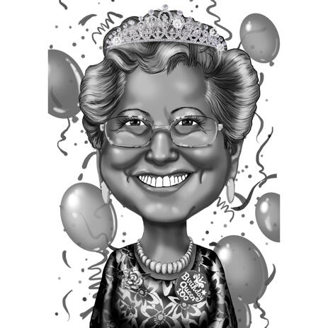 Birthday Queen Grandma Caricature Gift in Black and White style from Photo - example