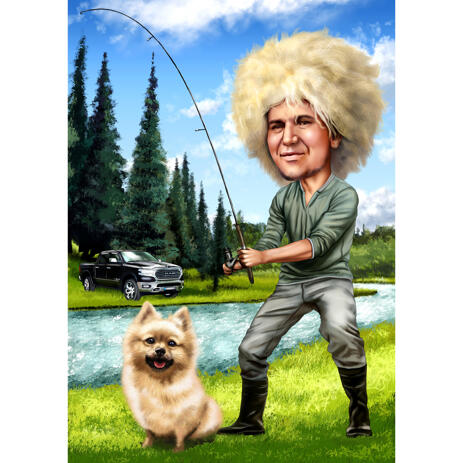 Fisher with Pet Full Body Caricature with Nature Background for Fabulous Fisherman Gift Idea - example