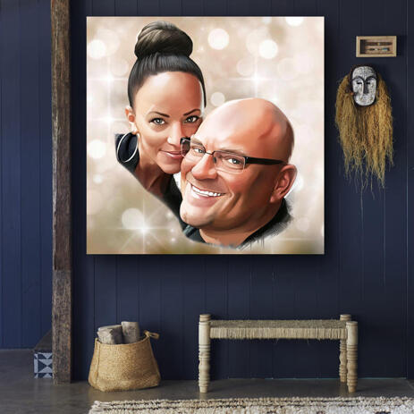 Romantic Couple Cartoon Portrait with Colored Background on Canvas - example