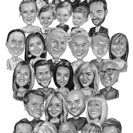 Big Family Caricature Drawing from Separate Photos - example