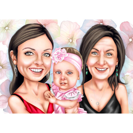 Grandmother with Mother and Baby Girl Custom Caricature Portrait from Photos - example