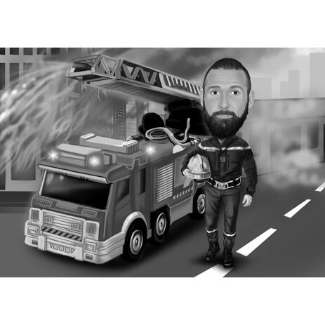 Fire Fighter Caricature Cartoon for Fireman Personalized Gift Portrait in Black and White Style - example
