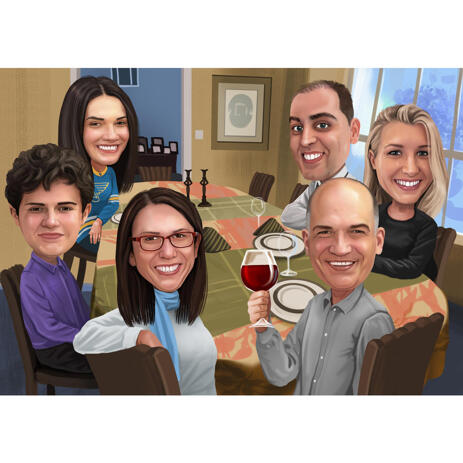 Thanksgiving Dinner Family Caricature from Photos in Colored Style - example