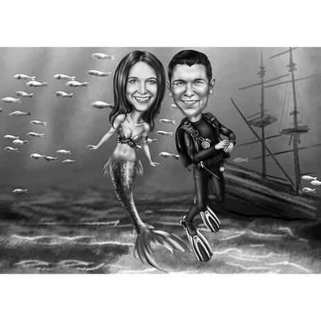 Monochrome Style Custom Full Body Couple Underwater Caricature Drawing - example
