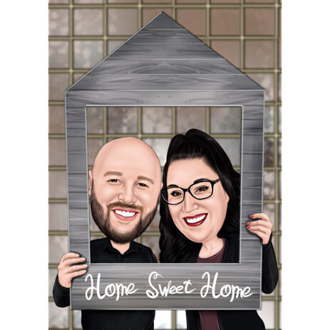 Custom Home Sweet Home Couple Caricature Portrait from Photos - example