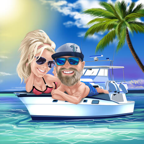 Marine Custom Couple Caricature Drawing with Sea Background in Colored Style - example