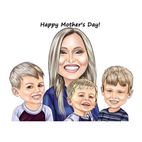 Mother with Three Kids Caricature in Colored Style from Photos - example