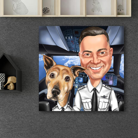 Man with Dog Caricature on Canvas Print as Custom Gift for Airline Pilot - example