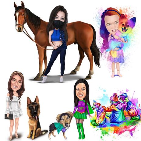 Full Body Owner with Pet Caricature Portrait from Photos - example