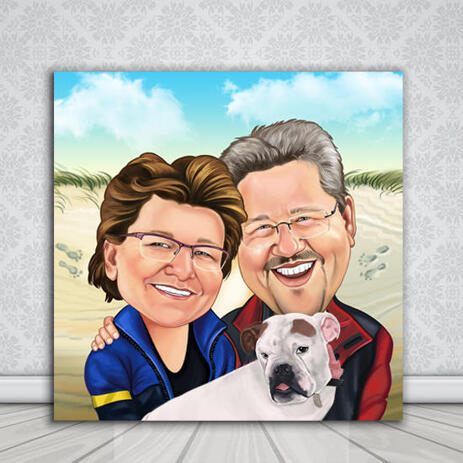 Couple with Pet Colored Caricature from Photos on Personalized Canvas - example