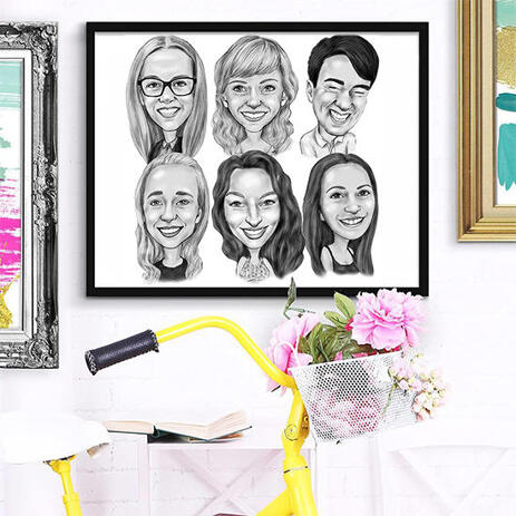 Group Colleagues Caricature in Black and White as Poster Print - example