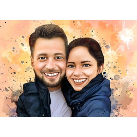 Hugging Couple Caricature Portrait with Background in Natural Watercolors - example