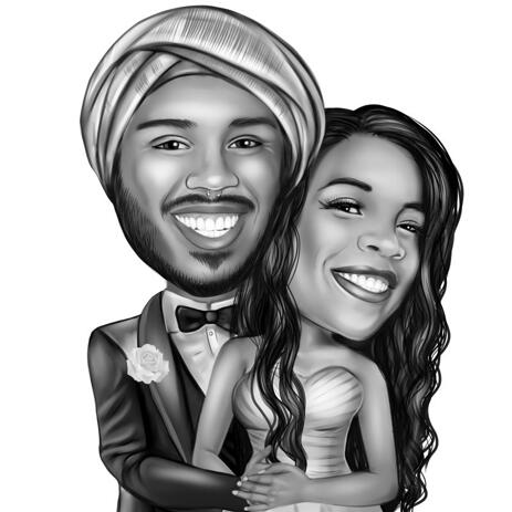 Indian Wedding Couple Caricature in Black and White Style from Photos - example
