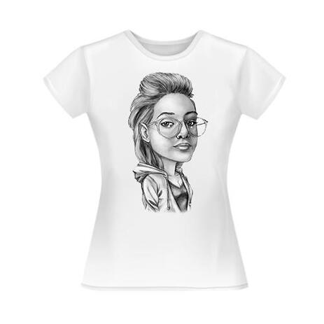 Person in Black and White Drawing Style Caricature T-shirt Hand Drawn from Photos - example