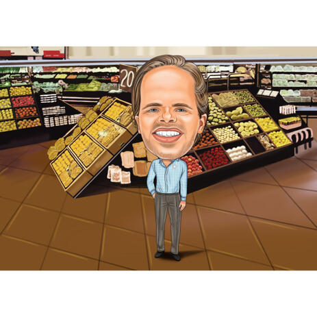 Exaggerated Merchant Caricature in Color Style on Custom Background - example