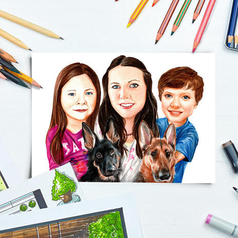 Family with Pets Caricature Hand-Drawn from Photos as Poster Print - example