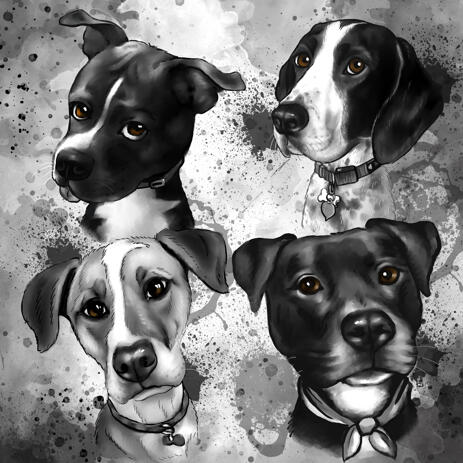 Group of Dogs Graphite Portrait Painting Hand-Drawn in Grayscale Watercolor Style from Photos - example