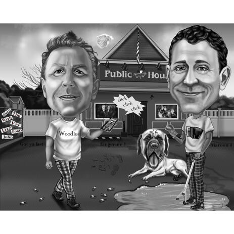 Two Persons with Pet Exaggerated Style Caricature in Black and White - example