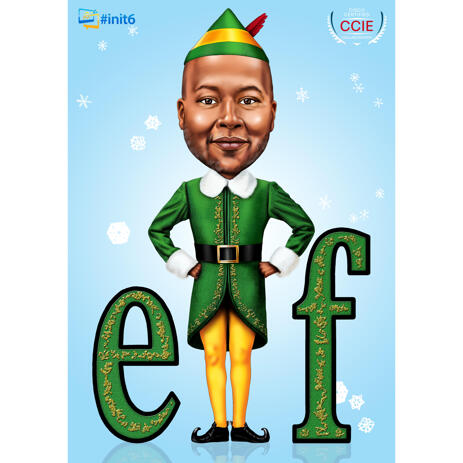 Funny Elf Caricature Portrait in Full Body with Colored Background for Christmas Card Gift - example