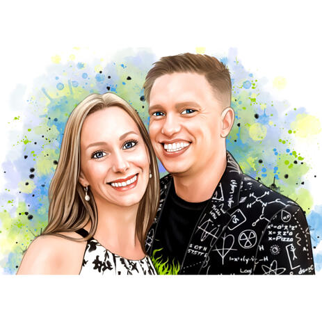 Couple Watercolor Style Cartoon Portrait with Earthy Colours from Photo - example