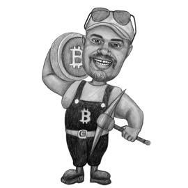 Mann mit Bitcoin-Karikatur im Schwarzweiss-Stil von den Fotos für kundenspezifisches Geschenk