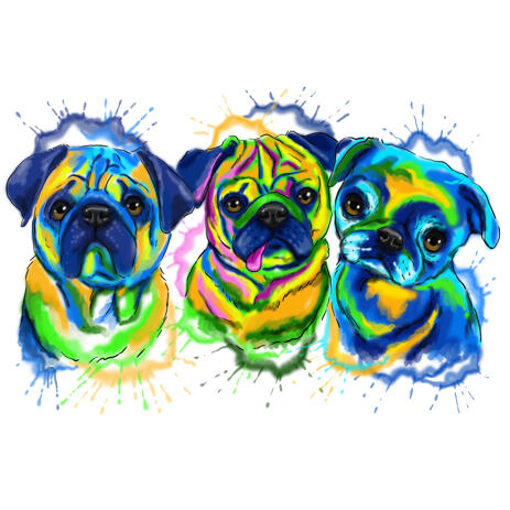 Pugs Group Portrait Painting Hand-Drawn in Watercolor Style for Housedogs Lovers - example