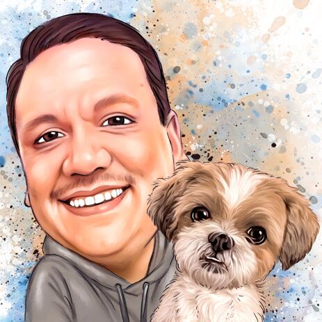 Yorkshire Owner with Pet Cartoon Portrait in Natural Watercolor Style Art from Photos - example