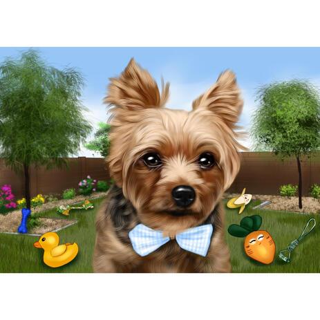 Dog Caricature Portrait in Color style with Custom Backyard Background - example