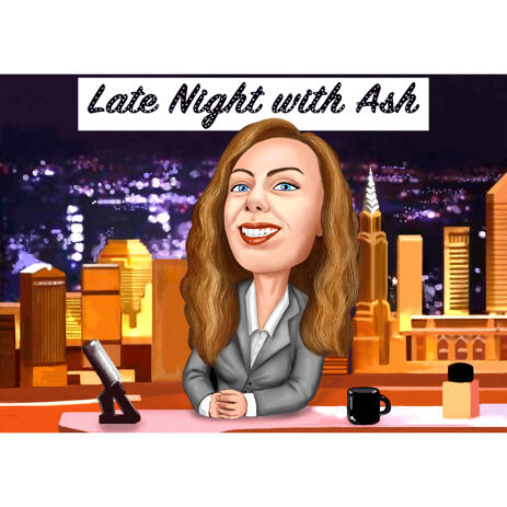 Television Presenter Head and Shoulders Cartoon Portrait with Custom Background - example