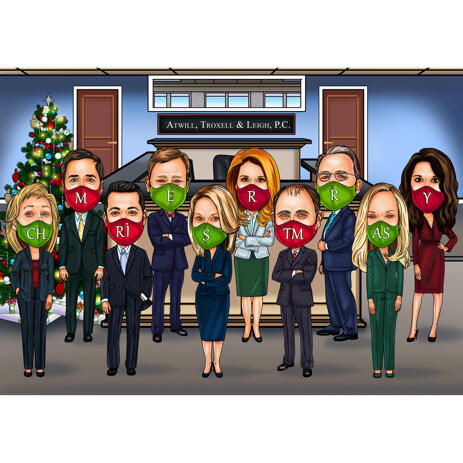 Christmas Group Caricature Wearing Masks with Custom Background - example
