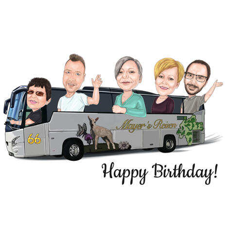 Famille En Caricature De Bus A Partir De Photos Pour Un Cadeau D 39 Anniversaire De Groupe