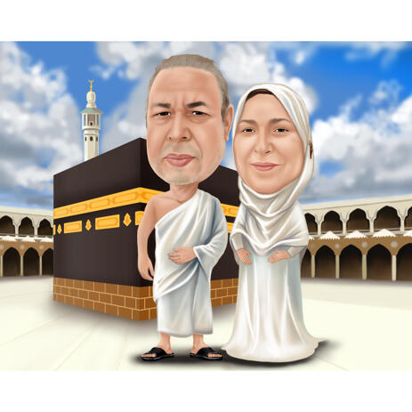Custom Couple Caricature Cartoon Art Painting with Mecca Background Hand Drawn from Photos - example