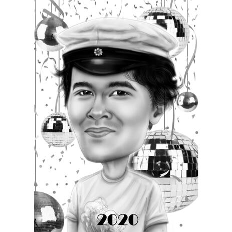 Birthday Captain Cartoon Drawing in Black and White Style for Him - example