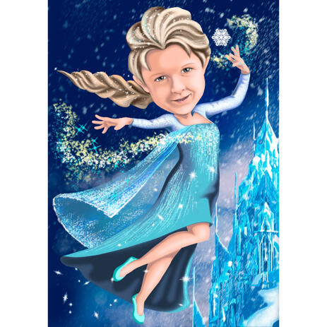 Snow Queen Girl Caricature in Colored Style from Photos with Custom Background - example