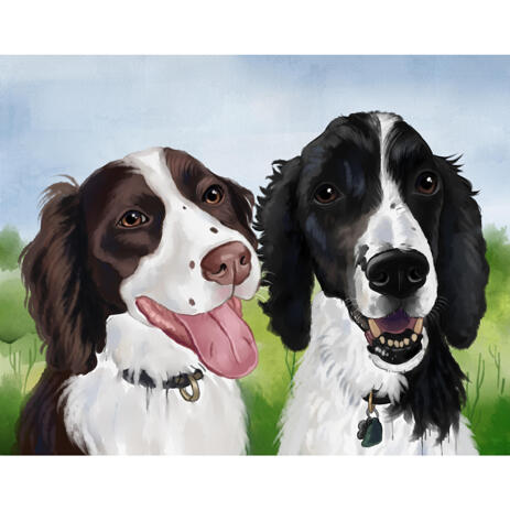 Dogs Portrait Drawing in Artistic Watercolor Style from Photos with Custom Background - example