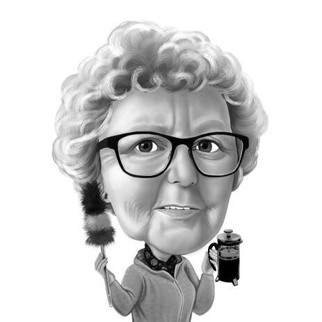 Custom Grandma Cartoon Portrait Drawing in Black and White Style - example