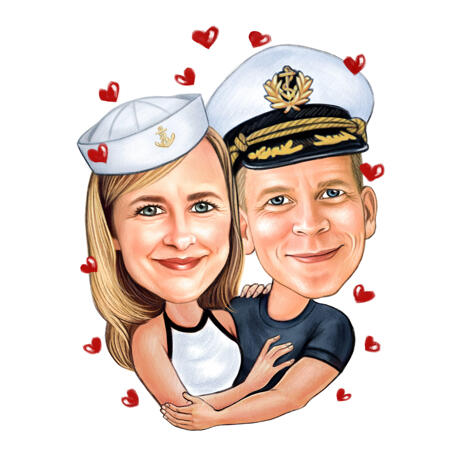 Custom Couple Caricature in Colored style from Photos as Captain Gift Idea - example