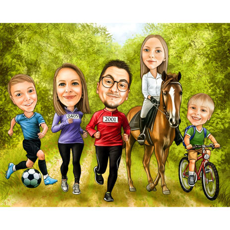 Family Group Caricature - Digitally Hand Drawn in Color Style and Personalised from Photos - example