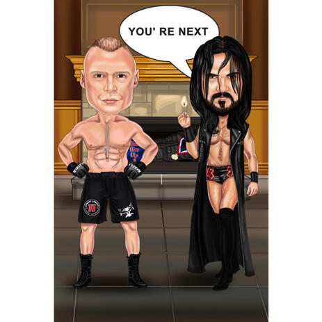 Funny Boxing Match Fighters Cartoon Caricature with Custom Background - example