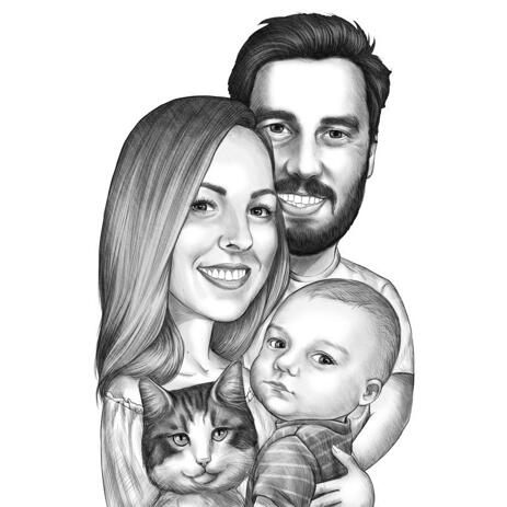 Couple Avec Bebe Et Animal Caricature Portrait Dessine A La Main A Partir De Photo Dans Un Style Noir Et Blanc