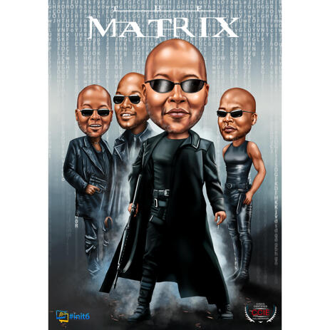 Colored Full Body Caricature from Photos with Custom Background for Matrix Fans - example