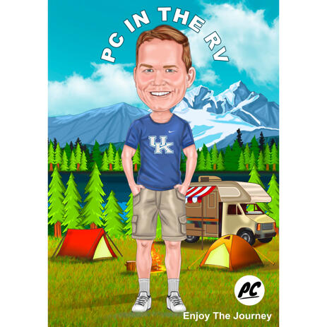 Full Body Person Camping Caricature from Photos for Journey and Day Trip Lovers Gift - example