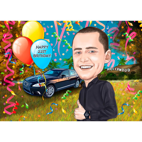 Birthday Caricature for Man in Colored Style with Custom Background - example
