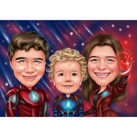 Three Kids Superhero Caricature Cartoon from Photos with Colored Background - example