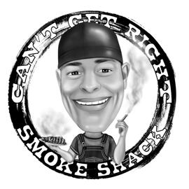 Design della caricatura del logo del marchio personalizzato in stile bianco e nero dalla foto